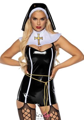 Виниловый костюм монашки Leg Avenue Sinful Sister M, комбинезон, воротник, пояс, головной убор SO7992 фото